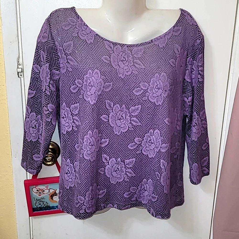 Lace floral top purple roses 3/4 sleeve y2k blouse xl 16/18
